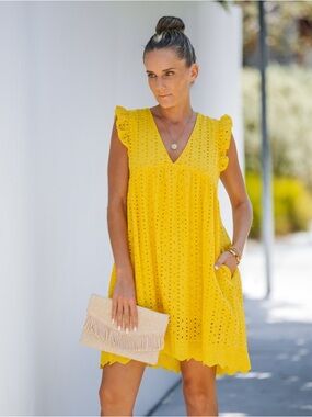 Sunny Yellow Eyelet Ruffle Sleeve Dress